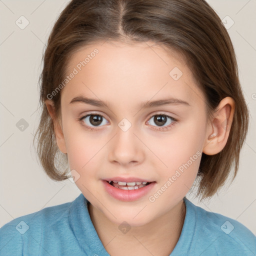 Joyful white child female with medium  brown hair and brown eyes