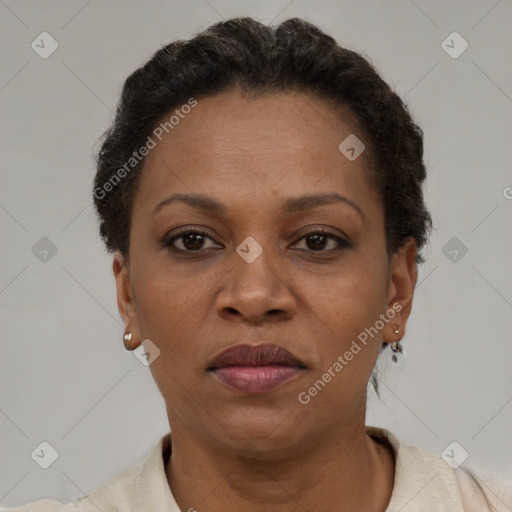 Joyful black adult female with short  brown hair and brown eyes