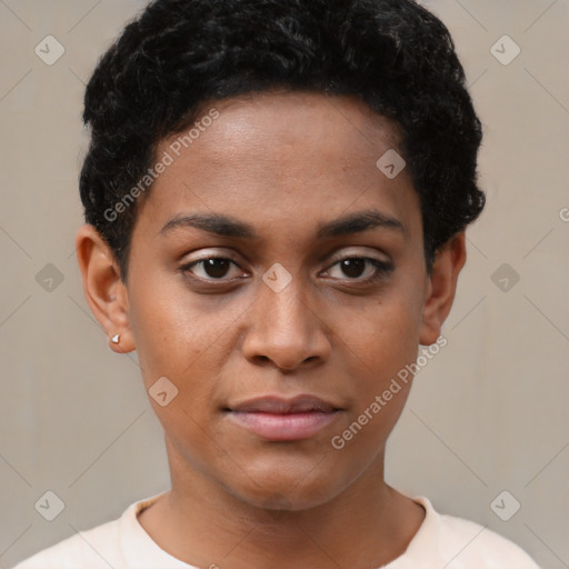 Neutral black young-adult female with short  brown hair and brown eyes