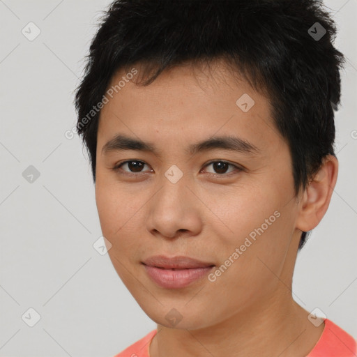 Neutral asian young-adult male with short  brown hair and brown eyes