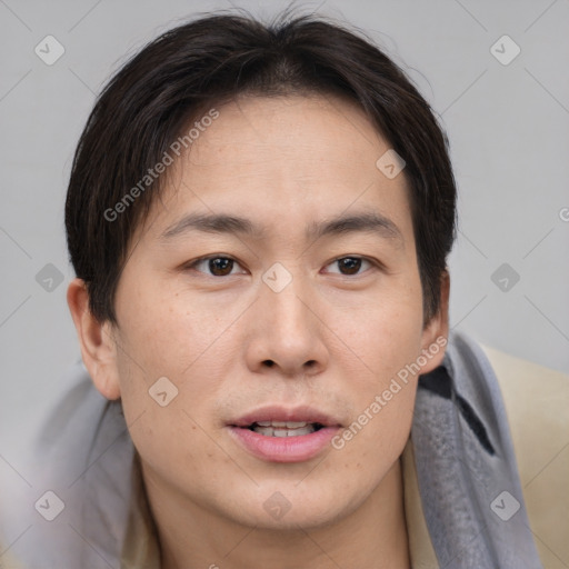 Joyful asian young-adult male with short  brown hair and brown eyes