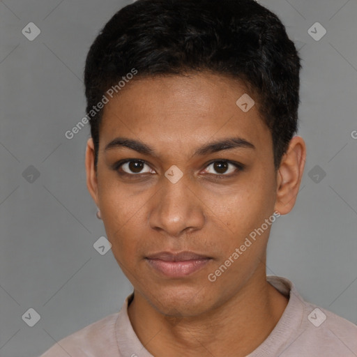 Neutral black young-adult female with short  black hair and brown eyes