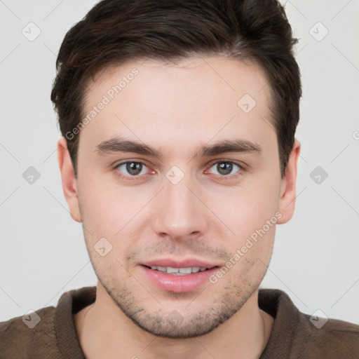 Neutral white young-adult male with short  brown hair and grey eyes