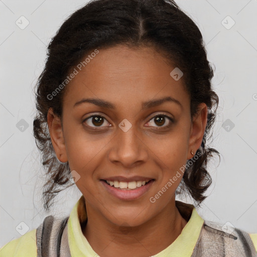 Joyful black young-adult female with medium  brown hair and brown eyes