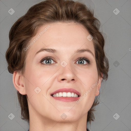 Joyful white young-adult female with medium  brown hair and blue eyes