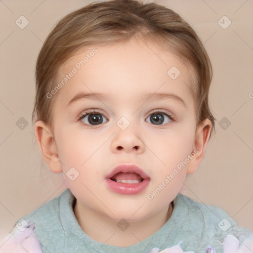 Joyful white child female with medium  brown hair and brown eyes