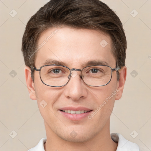 Joyful white adult male with short  brown hair and grey eyes