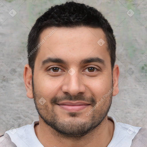 Joyful white young-adult male with short  brown hair and brown eyes