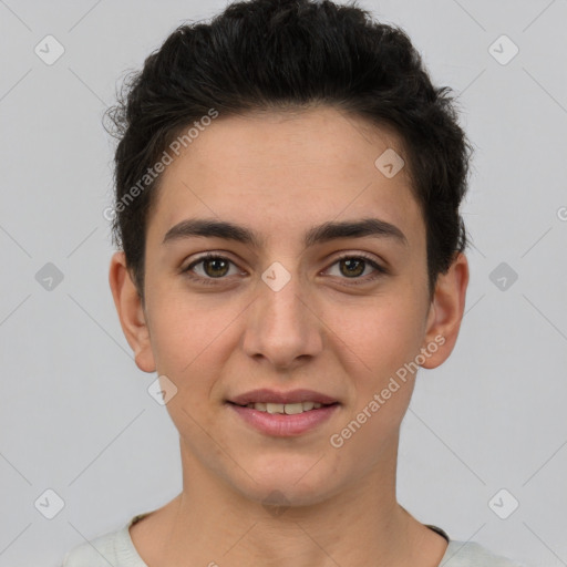 Joyful white young-adult female with short  brown hair and brown eyes