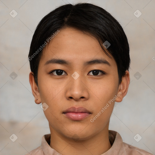 Neutral asian young-adult male with short  black hair and brown eyes