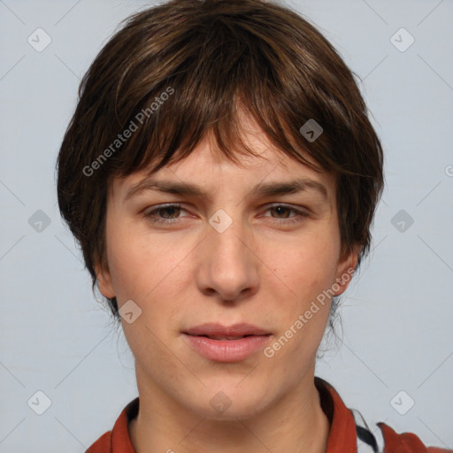 Joyful white young-adult female with medium  brown hair and brown eyes