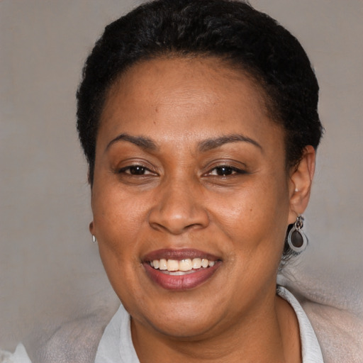Joyful latino adult female with short  black hair and brown eyes