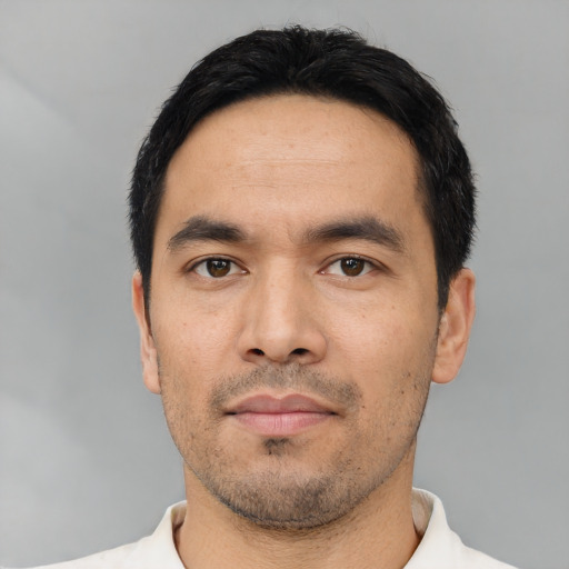 Neutral asian young-adult male with short  black hair and brown eyes
