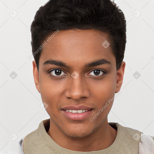 Joyful black young-adult male with short  brown hair and brown eyes