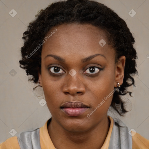 Neutral black young-adult female with medium  brown hair and brown eyes