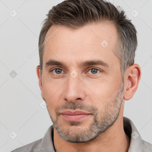 Neutral white adult male with short  brown hair and brown eyes