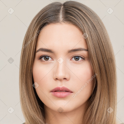 Neutral white young-adult female with long  brown hair and brown eyes