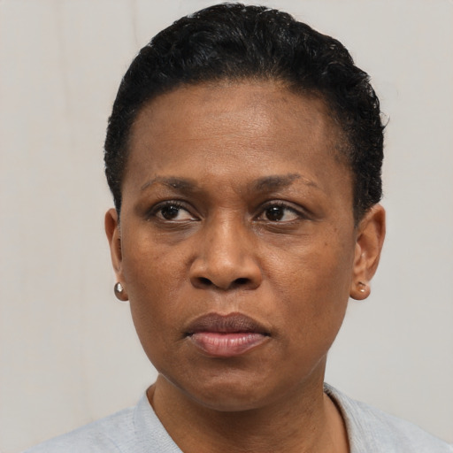 Neutral black adult female with short  black hair and brown eyes