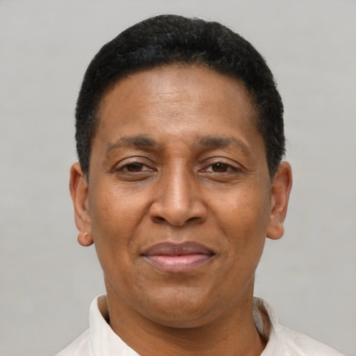 Joyful latino adult male with short  black hair and brown eyes
