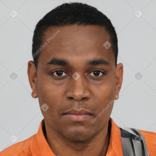 Neutral black young-adult male with short  black hair and brown eyes
