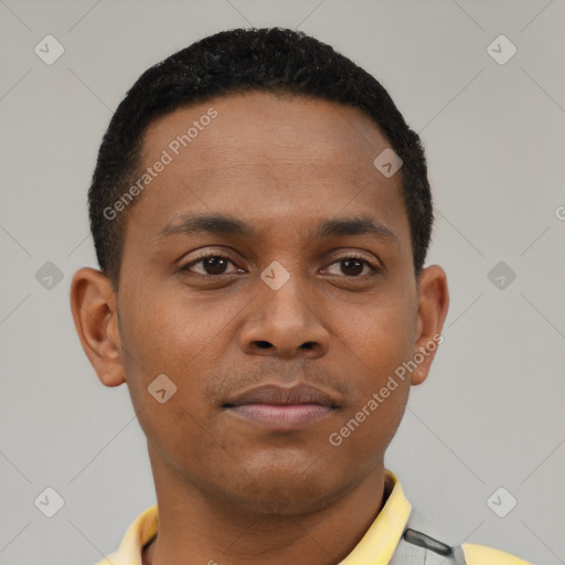Neutral black young-adult male with short  brown hair and brown eyes