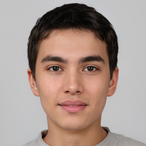 Neutral asian young-adult male with short  brown hair and brown eyes