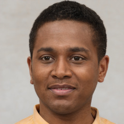 Joyful black young-adult male with short  black hair and brown eyes