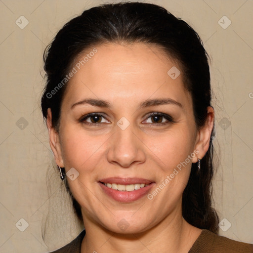 Joyful white adult female with medium  brown hair and brown eyes