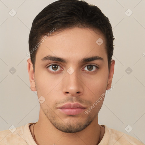 Neutral white young-adult male with short  brown hair and brown eyes