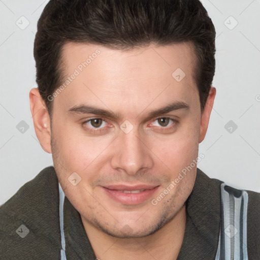 Joyful white young-adult male with short  brown hair and brown eyes