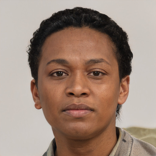 Neutral latino young-adult female with short  black hair and brown eyes