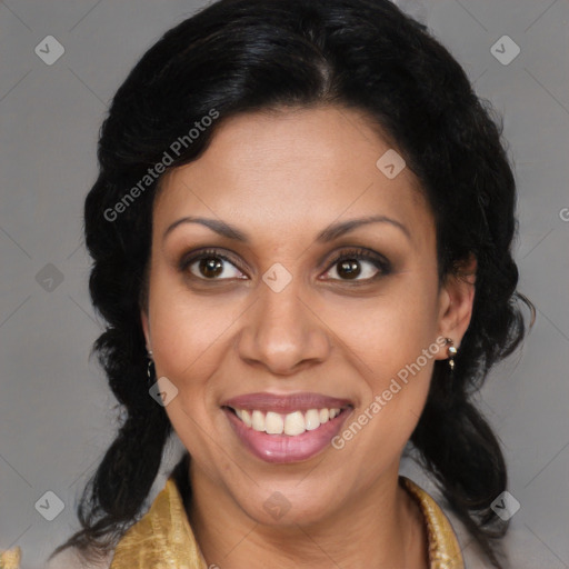 Joyful latino young-adult female with long  brown hair and brown eyes