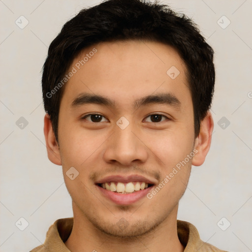 Joyful latino young-adult male with short  brown hair and brown eyes