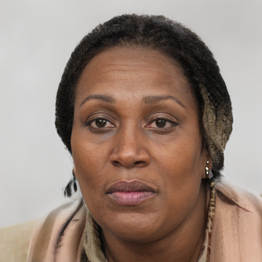 Joyful black adult female with long  brown hair and brown eyes