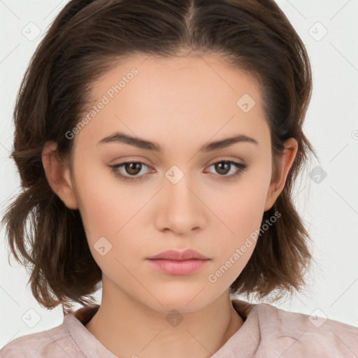 Neutral white young-adult female with medium  brown hair and brown eyes