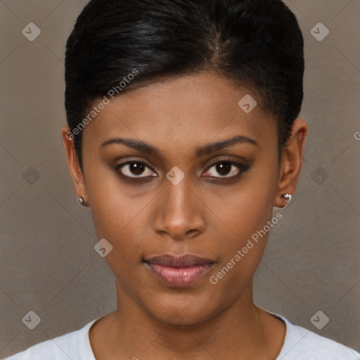 Neutral black young-adult female with short  brown hair and brown eyes