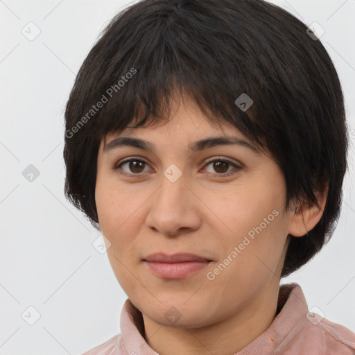 Joyful white young-adult female with medium  brown hair and brown eyes