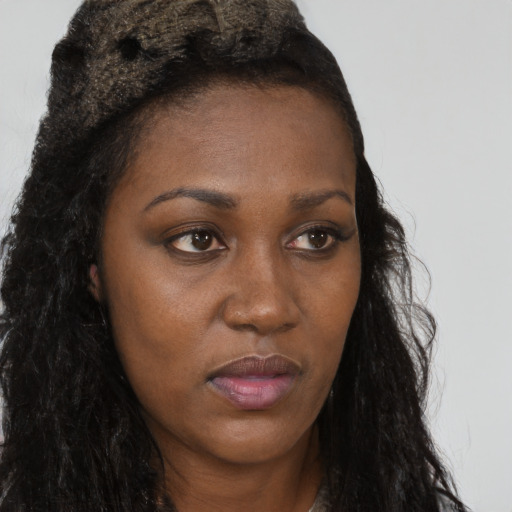 Joyful black young-adult female with long  brown hair and brown eyes