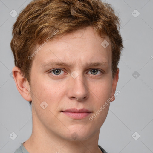 Neutral white young-adult male with short  brown hair and grey eyes