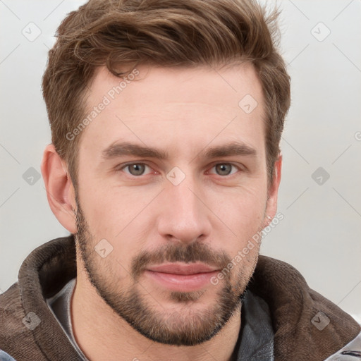 Neutral white young-adult male with short  brown hair and grey eyes