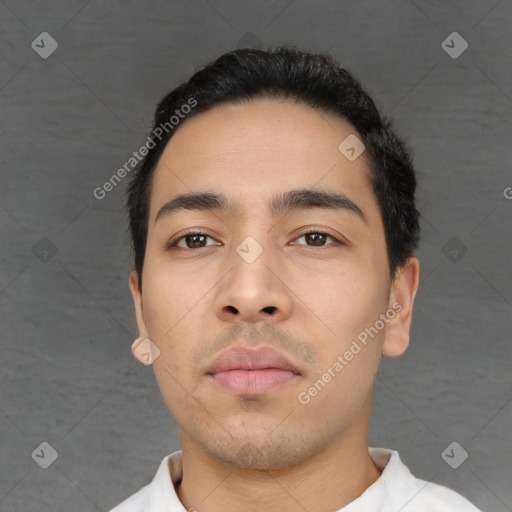 Neutral asian young-adult male with short  black hair and brown eyes