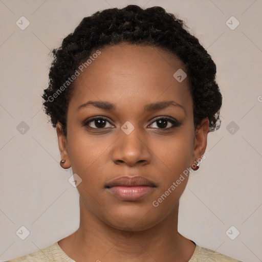 Neutral black young-adult female with short  black hair and brown eyes