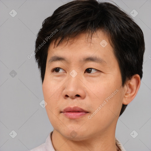 Neutral asian young-adult male with short  brown hair and brown eyes