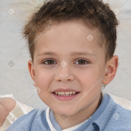 Joyful white child male with short  brown hair and brown eyes