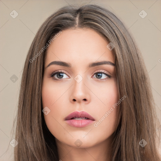 Neutral white young-adult female with long  brown hair and brown eyes