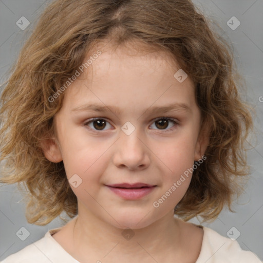 Joyful white child female with medium  brown hair and brown eyes