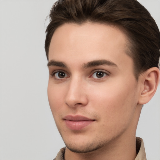 Neutral white young-adult male with short  brown hair and brown eyes