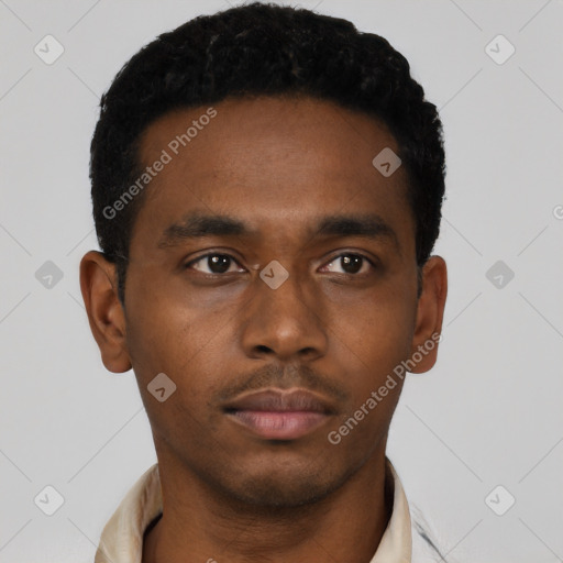 Neutral black young-adult male with short  black hair and brown eyes