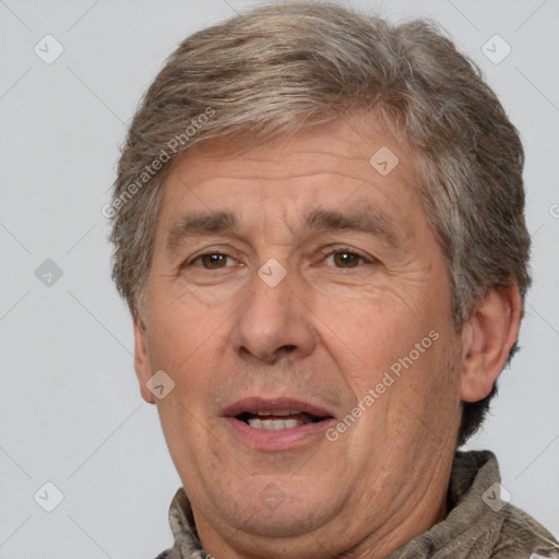 Joyful white middle-aged male with short  brown hair and brown eyes