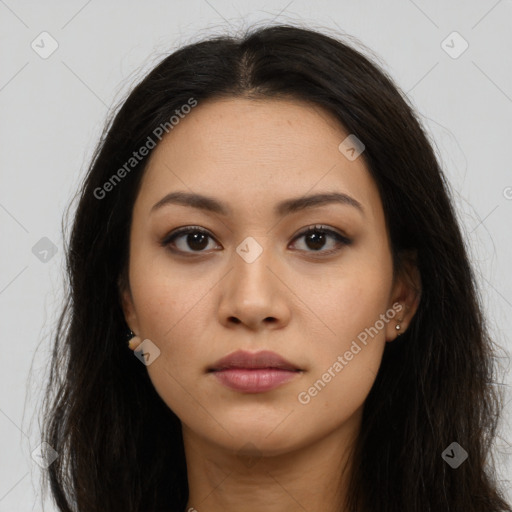 Neutral asian young-adult female with long  brown hair and brown eyes